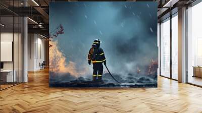 Silhouette firefighter force on the Large fire. Wall mural