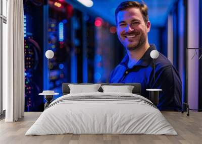 Smiling IT technician holding a tablet in a server room with blue and red lights Wall mural