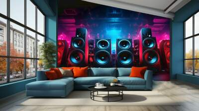 speaker system on a black background in blue and orange lighting, 3d illustration Wall mural