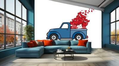 St. Valentine illustration red car with heart balloons, letters, present. Blue or red car with symbols of love. Wall mural