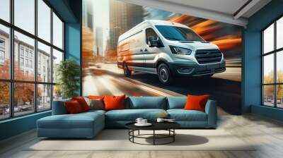 Super fast delivery of package service with van with wheels on fire. Wall mural