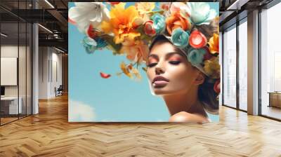 Surreal abstract woman portrait with flowers over head on blue background. Bright summer colors. Concept of environmental friendliness and naturalness of cosmetic products. Banner. Generative Ai  Wall mural