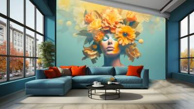 Surreal abstract woman portrait with flowers over head. Bright summer colors.Generative Ai content Wall mural