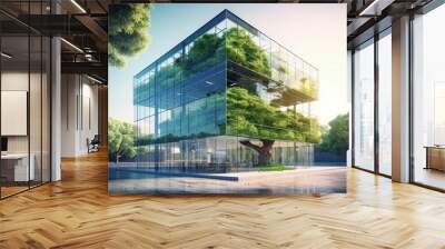 Sustainble green building. Eco-friendly building. Sustainable glass office building with tree for reducing carbon dioxide. Office with green environment. Corporate building reduce CO2. Generative AI Wall mural