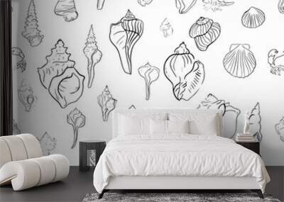 Elegant line sea shells, vector art pattern illustration. Wall mural