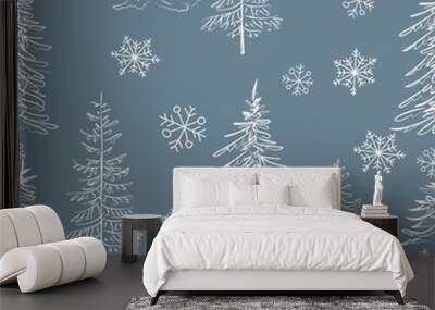 Elegant outline drawing of pine tree seamless pattern. Vector illustration. Wall mural