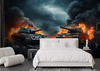 Two tanks in the conflict zone. The war in the countryside Generative AI Wall mural