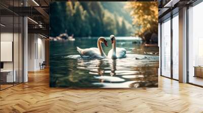 Two white swans swimming on the lake. Two swans in love.. Generative AI. Wall mural