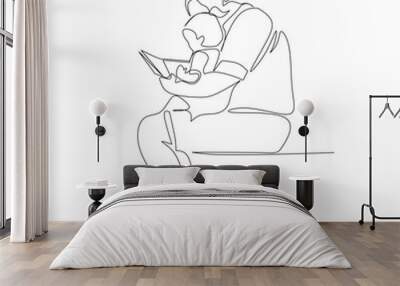 Vector illustration of a father reading a book to his daughter drawn in line art style Wall mural