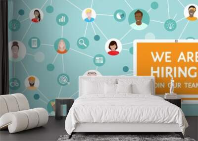 We are hiring, Join our team - human resources recruitment, vector banner with laptop at distance working connected in network people, employees, outsource staff. Diverse international team background Wall mural