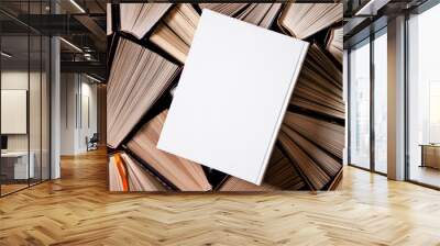 White book in white cover with a place for text lies on multicolored old open books Wall mural