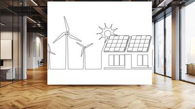 Wind farm turbine, house solar panel with sun continuous one line icon drawing.  Energy of sun with ecology home power station vector illustration in doodle style. Contour line sign for innovation Wall mural