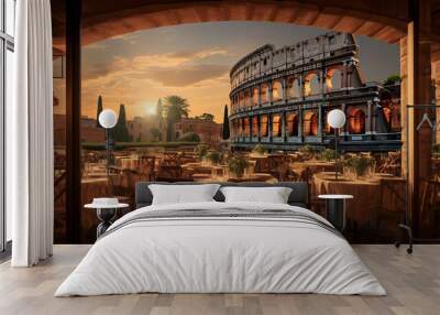 Сafe overlooking evening Colosseum in historic center of Rome. Fall travel. Banner. Wall mural