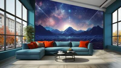 80s Retro Sci-Fi Background, Universe Retro Futuristic 80's Background. Retro wave cyber grid. Deep space surfaces. Neon lights glowing.  Wall mural