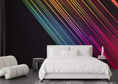 A line of colorful lines on a black background, geometric abstract art. Wall mural