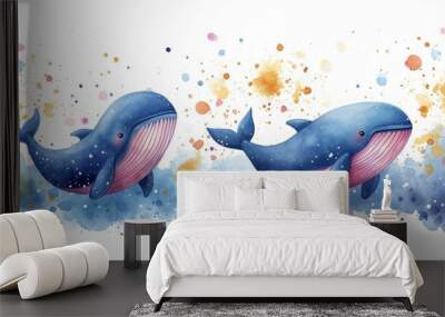 Cute whale watercolor illustration. Watercolor painting of whale. Clip art composition of humpback whale with flowers in the sea. Wall mural