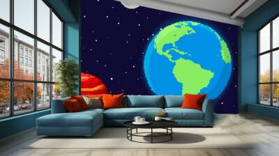 Earth in space. Vector of pixel Earth, Mars, Moon.  Retro game design interface. Pixel art background. 8 bit. Wall mural