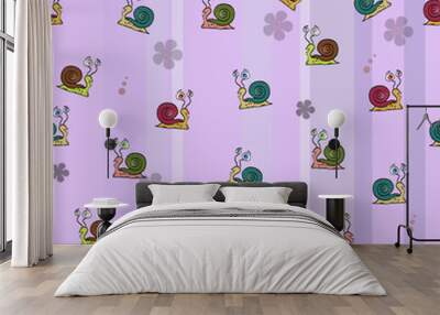 Illustration of vector snail on violet background . Seamless pat Wall mural