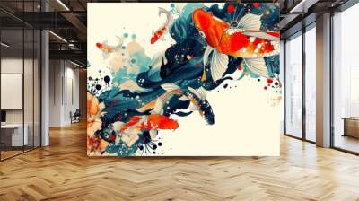 Koi fish in watercolor style. Colorful koi fish in the pond Wall mural