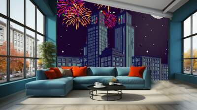 Pixel city with fireworks. Retro pixel background. Pixel art 8 bit game Wall mural