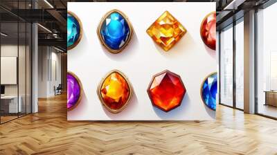 Set of fantasy colored  gems for games. Diamonds with different cuts, fantasy mystic style. Isolated jewels, diamonds gem set.  Wall mural