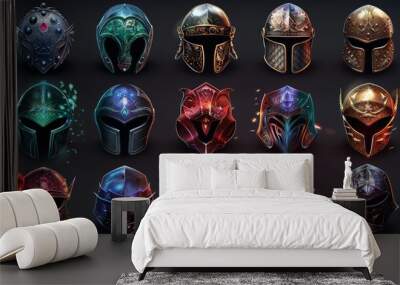 Set of medieval helmets of different shapes and colors. Icons for game Wall mural