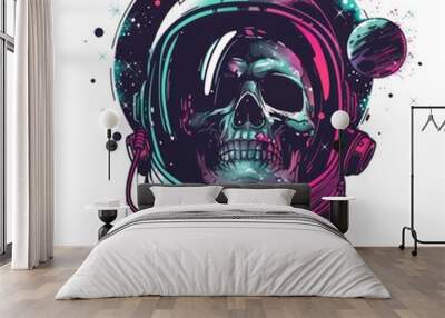 Skull in space with planets, stars on grunge background. Wall mural