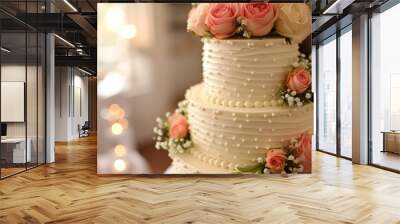 Wedding cake with flowers background Wall mural