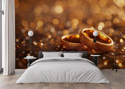 Wedding rings on golden background with bokeh effect. Wall mural