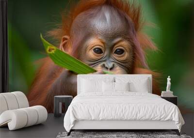 A baby orangutan is eating a leaf. The baby is small and cute. The leaf is green and fresh Wall mural