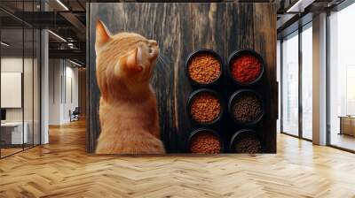 A cat is looking at a variety of different colored cat food Wall mural