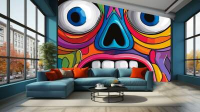 A colorful face with a large mouth and a large eye. The face is drawn in a way that it looks like it is screaming Wall mural