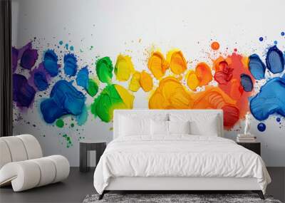 A colorful paw print is painted on a white background, creating a rainbow effect. The paw prints are of different colors. puppy paw prints of rainbow paint on a white canvas Wall mural