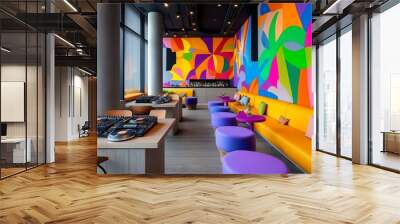 A colorful room with a mural on the wall and a variety of seating options. The room has a lively and energetic atmosphere, with a mix of bright colors and modern design elements Wall mural