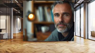 A Eurasian man with a beard and gray hair is smiling at the camera. He is sitting in front of a computer monitor. a desktop computer used by a eurasian man, age 40-50. Wall mural