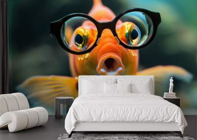 A fish with glasses on its face is making a funny face. The fish is wearing glasses and has an open mouth, which makes it look silly. shocked fish with glasses on background Wall mural