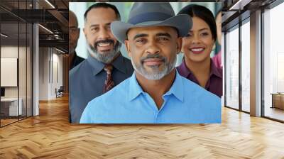 A group of people are standing together, one of them wearing a hat. The group is smiling and he is happy Wall mural