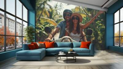 A man and woman are smiling and riding a scooter in a tropical forest. Scene is happy and carefree Wall mural