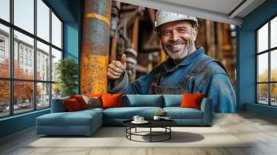 A man in a blue work uniform is smiling and giving a thumbs up. He is wearing a hard hat and safety gear Wall mural