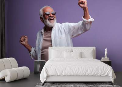 A man in a white shirt is dancing and smiling. He is wearing sunglasses and he is happy Wall mural