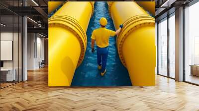 A man in a yellow shirt and blue pants is walking along a yellow pipe. Concept of caution and safety, as the man is wearing a hard hat and gloves Wall mural