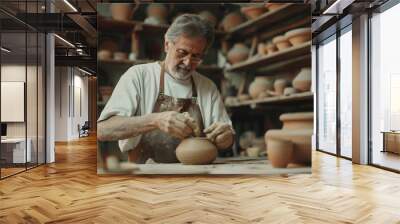 A man is working on a pottery piece in a workshop. He is wearing an apron and has a serious expression on his face. The workshop is filled with various pottery pieces, including vases and bowls Wall mural