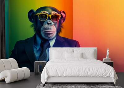 a monkey wearing glasses and a jacket. Monkey wearing a business suit, sunglasses in yellow neon background. in the style Wall mural