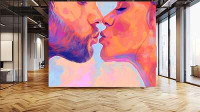 A painting of two people kissing with a colorful background. Passionate kiss between charming handsome lovers. Colorfull image of loving couple. Cropped close up profile. Digital art Wall mural