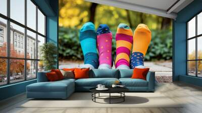 A pair of feet wearing brightly colored odd socks. Person wearing patterned socks with feet up. A man in crazy multi-coloured socks with feet. Odd socks day, anti-bullying week social concept. Wall mural