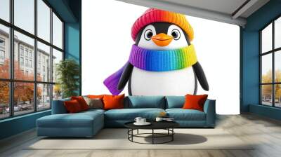 A penguin wearing a colorful hat and scarf is standing on a white background. The penguin appears to be happy and cheerful, with its eyes wide open and its mouth slightly open Wall mural