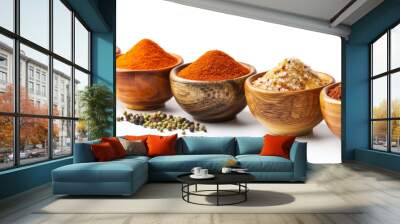 A row of bowls with different colored spices in them. The bowls are lined up next to each other, with the first bowl on the left and the last on the right Wall mural