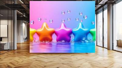 A row of colorful stars floating in a body of water. The stars are of different colors and sizes, and they are surrounded by bubbles. Concept of playfulness and whimsy. A multi-colored stars Wall mural