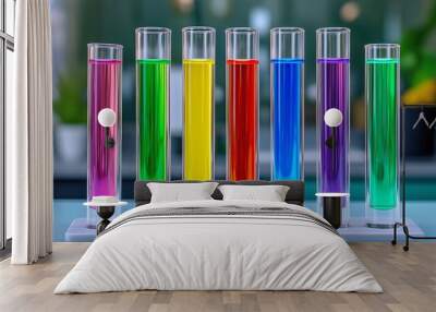 A row of colorful test tubes filled with different colored liquids. The tubes are lined up on a table, with the colors ranging from blue to red. Concept of curiosity and scientific exploration Wall mural