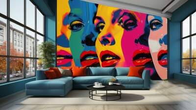 A series of women's faces are painted in different colors. The faces are all smiling and have red lips. The painting is a colorful and cheerful representation of women's beauty and happiness. pop art Wall mural